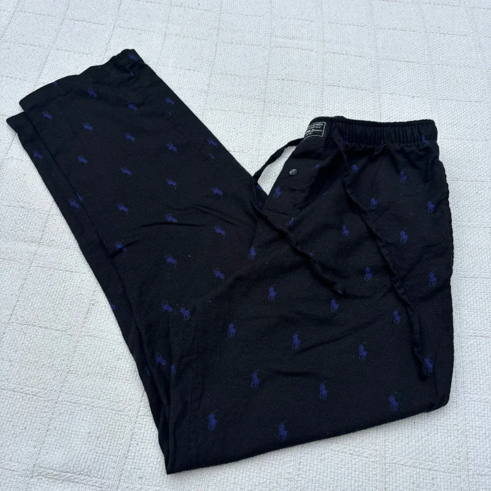Men's Small POLO Ralph Lauren Black Blue All Over Pony Logo Flannel Lounge Pants